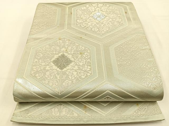 平和屋着物◎六通柄袋帯 唐織 亀甲花文 銀糸 正絹 逸品 BAAW0255hj