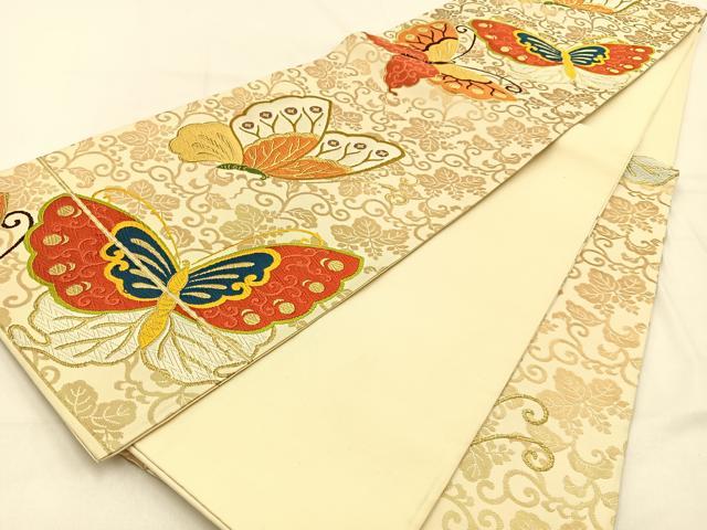 平和屋着物◎六通柄袋帯 唐織 舞蝶文 金糸 正絹 逸品 BAAW0258hj