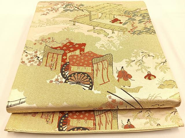 平和屋着物◎六通柄袋帯 平安人物風景文 金糸 正絹 逸品 BAAW0280hj