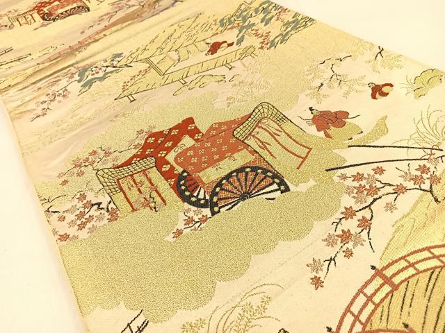 平和屋着物◎六通柄袋帯 平安人物風景文 金糸 正絹 逸品 BAAW0280hj