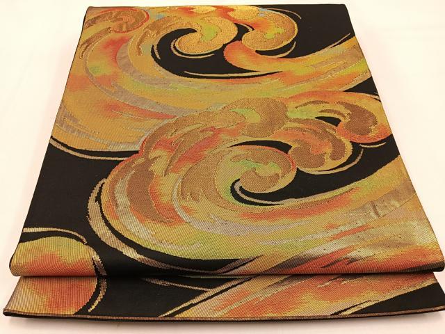 平和屋着物◎六通柄袋帯 立波文 黒地 金糸 正絹 逸品 BAAW0318hj