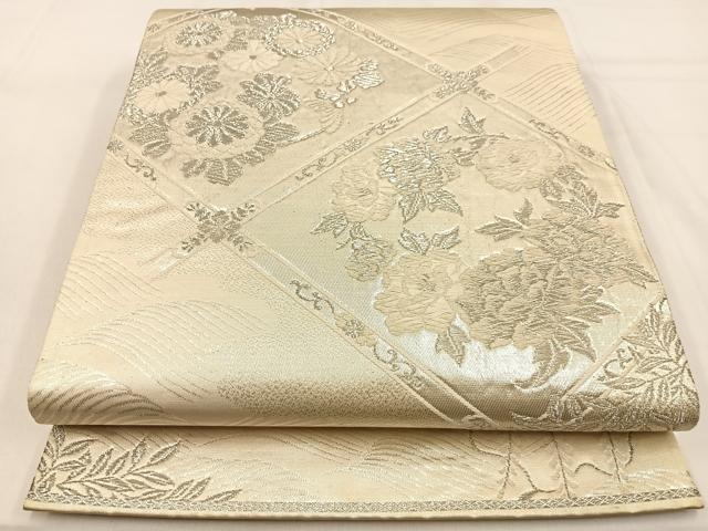 平和屋着物◎六通柄袋帯 唐織 美保姿 菱天井花文 銀糸 正絹 逸品 BAAW0332hj