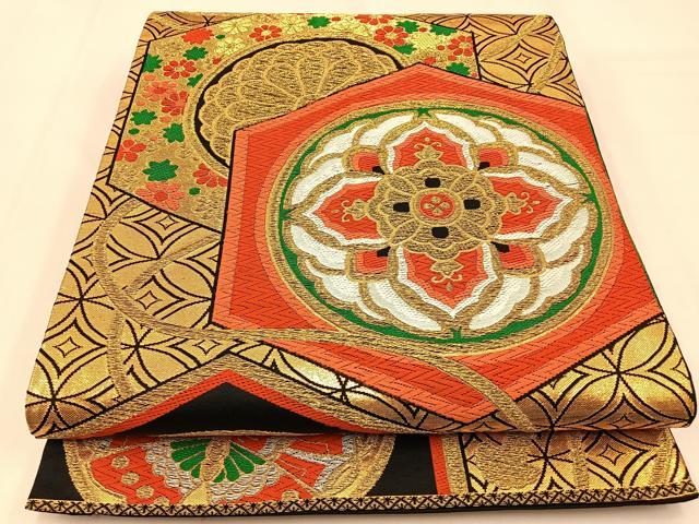 平和屋着物◎六通柄袋帯 亀甲正倉院文 黒地 金銀糸 BAAW0345hj