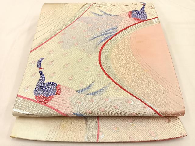 平和屋着物◎六通柄袋帯 唐織 孔雀 銀糸 正絹 逸品 BAAW0360hj