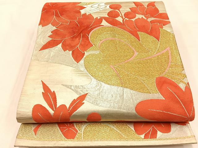 平和屋着物◎六通柄袋帯 唐織 鴛鴦桜楓文 金銀糸 正絹 逸品 BAAW0379hj