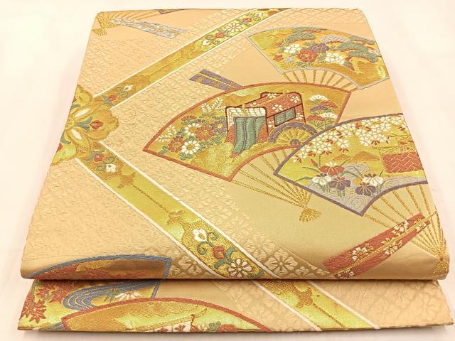 平和屋着物◎六通柄袋帯 唐織 天平菱取扇面文 金糸 正絹 逸品 BAAW0380hj