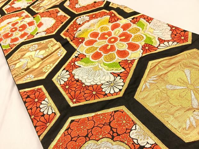 平和屋着物◎六通柄袋帯 唐織 毘沙門亀甲花文 黒地 金銀糸 正絹 逸品 BAAW0388hj