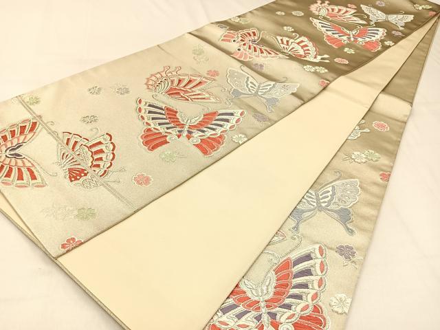 平和屋着物◎六通柄袋帯 唐織 花蝶文 銀糸 正絹 逸品 BAAW0443hj