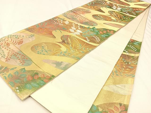 平和屋着物◎六通柄袋帯 草花文 金糸 引箔 正絹 逸品 BAAW0449hj