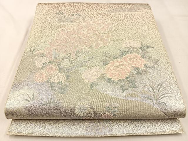平和屋着物◎六通柄袋帯 唐織 孔雀花文 銀糸 正絹 逸品 BAAW0458hj