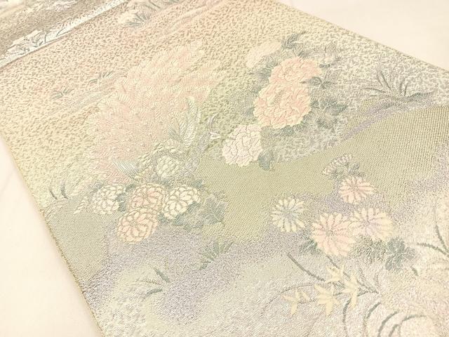 平和屋着物◎六通柄袋帯 唐織 孔雀花文 銀糸 正絹 逸品 BAAW0458hj