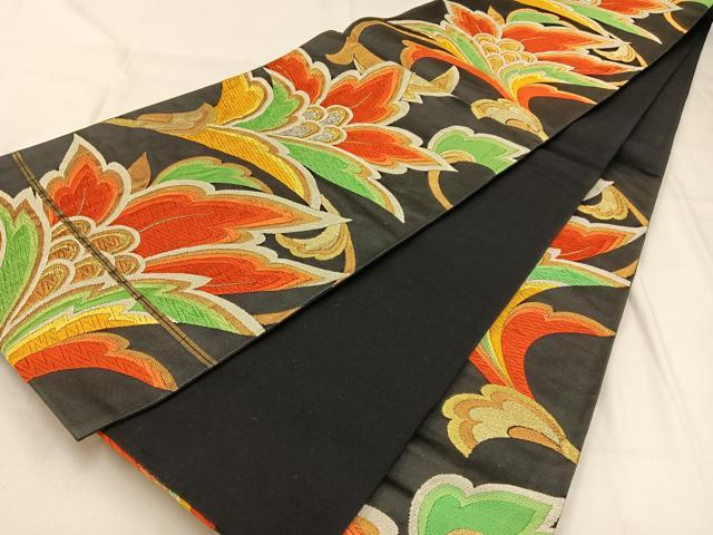 平和屋着物◎六通柄袋帯 唐織 更紗花文 黒地 金銀糸 正絹 逸品 BAAW0473hj