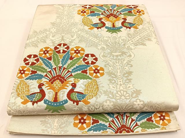 平和屋着物◎六通柄袋帯 唐織 孔雀花文 金銀糸 正絹 逸品 BAAW0491hj