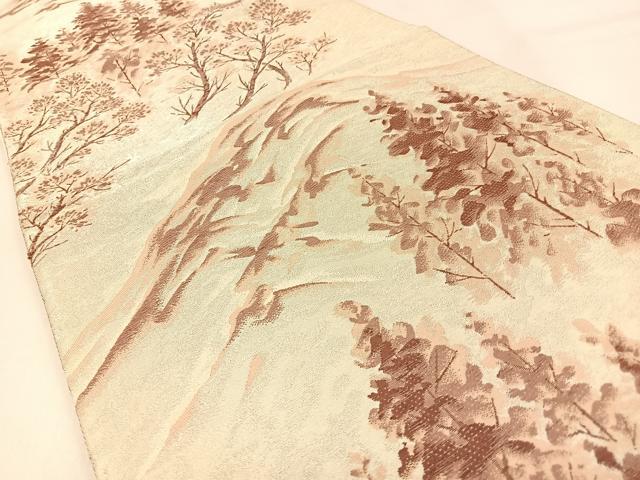 平和屋着物◎六通柄袋帯 唐織 遠山樹林文 銀糸 正絹 逸品 BAAW0564hj