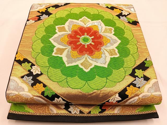 平和屋着物◎六通柄袋帯 唐織 松皮菱菊文 黒地 金銀糸 正絹 逸品 BAAW0651hj