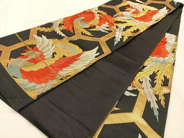 平和屋着物◎六通柄袋帯 鳳凰 黒地 金銀糸 正絹 逸品 BAAW0721hj