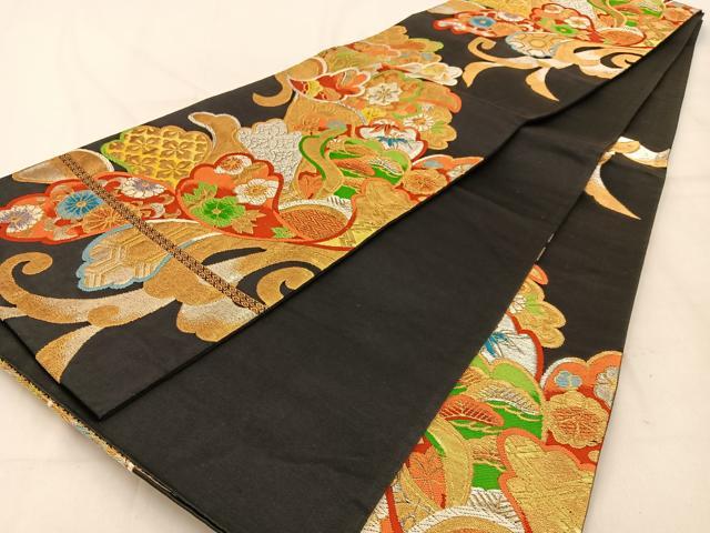 平和屋着物◎六通柄袋帯 唐織 松竹梅 吉祥花文 黒地 金銀糸 正絹 逸品 BAAW0758hj