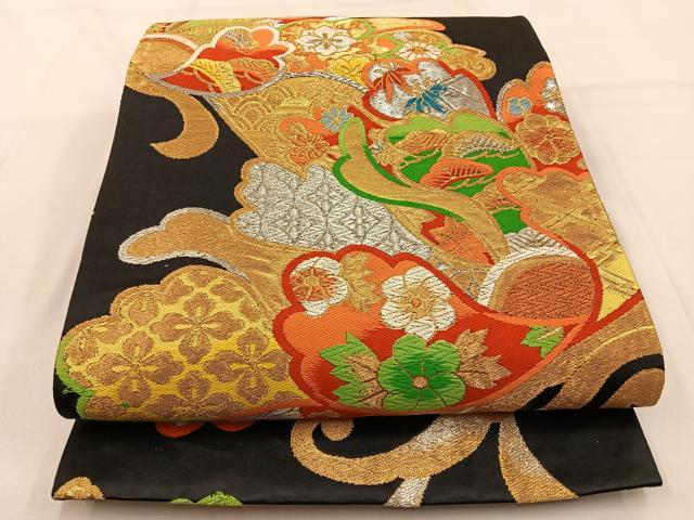 平和屋着物◎六通柄袋帯 唐織 松竹梅 吉祥花文 黒地 金銀糸 正絹 逸品 BAAW0758hj