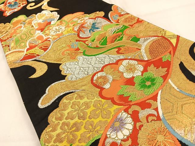 平和屋着物◎六通柄袋帯 唐織 松竹梅 吉祥花文 黒地 金銀糸 正絹 逸品 BAAW0758hj