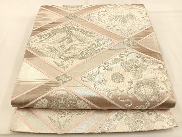 平和屋着物◎六通柄袋帯 唐織 菱天井花鳥文 銀糸 正絹 逸品 BAAW0781hj