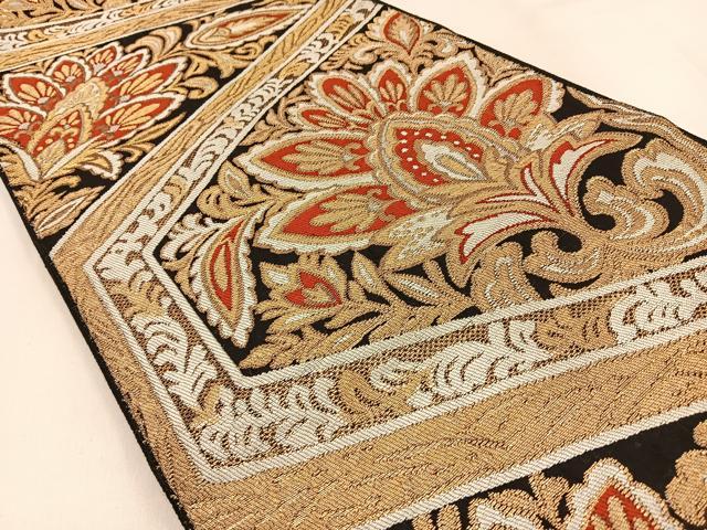平和屋着物◎六通柄袋帯 更紗花文 黒地 金糸 正絹 逸品 BAAW0810hj