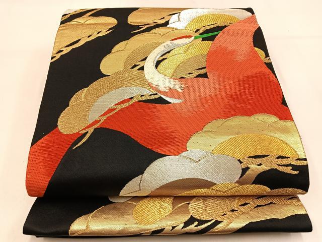 平和屋着物◎六通柄袋帯 唐織 飛鶴松文 黒地 金銀糸 正絹 逸品 BAAW0845hj