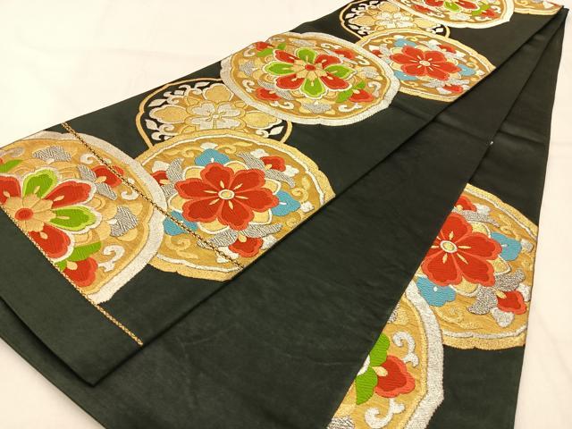 平和屋着物◎六通柄袋帯 唐織 鏡裏花文 黒地 金銀糸 正絹 逸品 BAAW0871hj