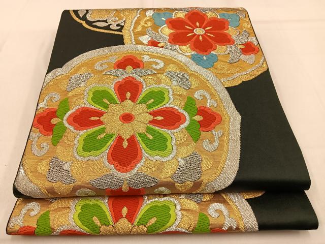 平和屋着物◎六通柄袋帯 唐織 鏡裏花文 黒地 金銀糸 正絹 逸品 BAAW0871hj