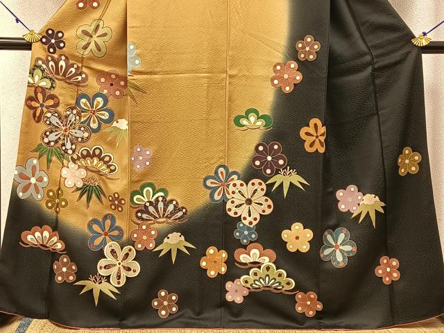 平和屋着物●訪問着 駒刺繍 松竹梅 暈し染め 黒緑色地 金銀彩 正絹 逸品 BAAW0889hj