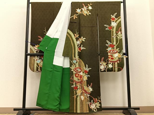 平和屋着物●豪華振袖 総絞り 駒刺繍 貝桶花文 金彩 鈴乃屋扱い 正絹 逸品 BAAW0898hj