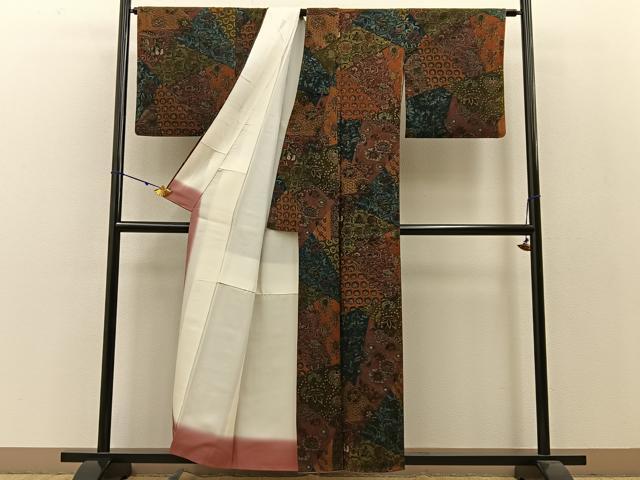平和屋着物●上質な小紋 型染め 切嵌人物更紗花鳥文 鬼しぼ縮緬 正絹 逸品 BAAW0906hj