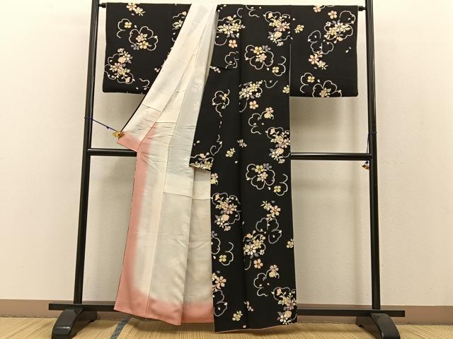 平和屋着物●上質な小紋 舞花文 黒地 金彩 正絹 逸品 BAAW0990hj