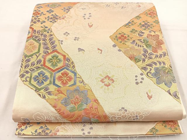 平和屋着物◎西陣 六通柄袋帯 草花文 金糸 証紙付き 正絹 逸品 BAAW1022mz