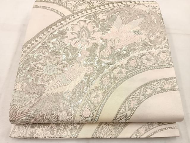 平和屋着物◎六通柄袋帯 草花鳥文様更紗 銀糸 正絹 逸品 BAAW1031mz