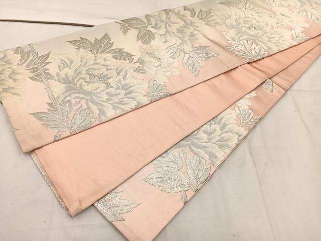 平和屋着物◎六通柄袋帯 唐織 牡丹 銀糸 正絹 逸品 BAAW1035mz