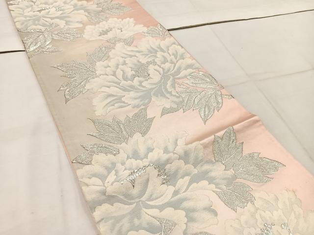 平和屋着物◎六通柄袋帯 唐織 牡丹 銀糸 正絹 逸品 BAAW1035mz