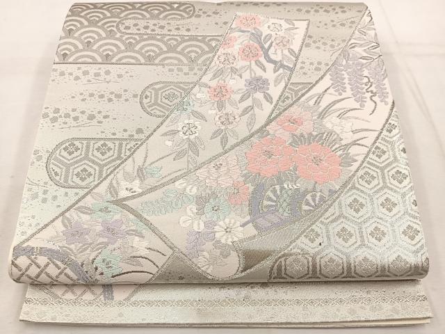 平和屋着物◎六通柄袋帯 唐織 花車文 銀糸 正絹 逸品 BAAW1039mz