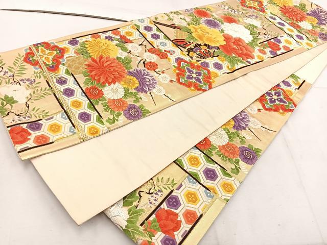 平和屋着物◎六通柄袋帯 唐織 花車文 金糸 正絹 逸品 BAAW1054mz