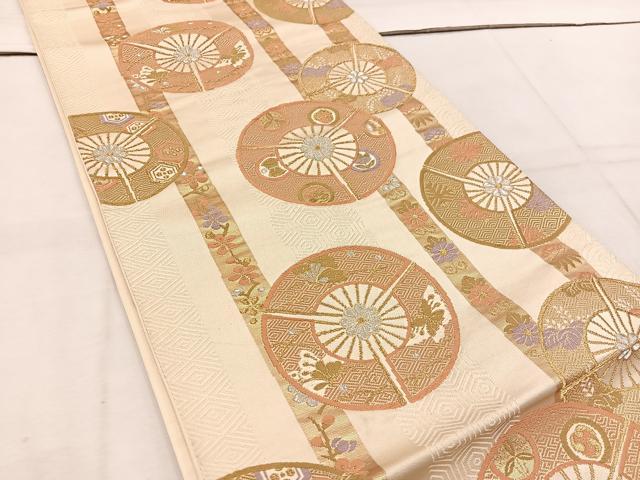 平和屋着物◎六通柄袋帯 扇面花蝶丸文 金銀糸 正絹 逸品 BAAW1061mz