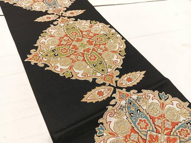 平和屋着物◎六通柄 本袋帯 宝相華 黒地 金糸 正絹 逸品 BAAW1063mz