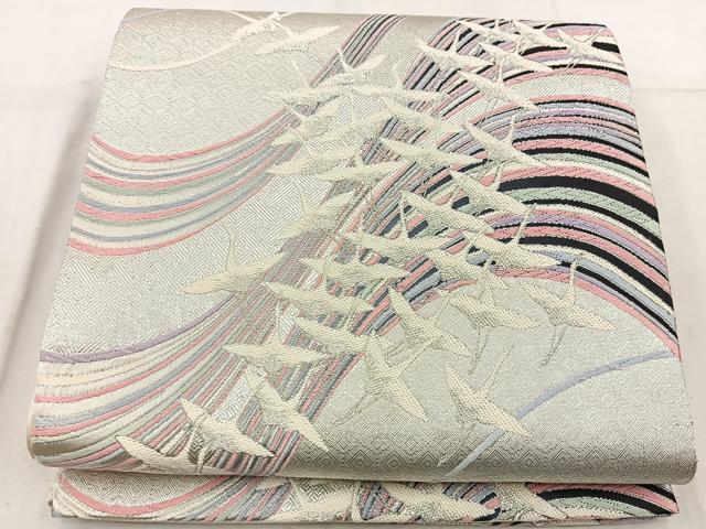 平和屋着物◎六通柄袋帯 唐織 飛鶴文 銀糸 正絹 逸品 BAAW1071mz