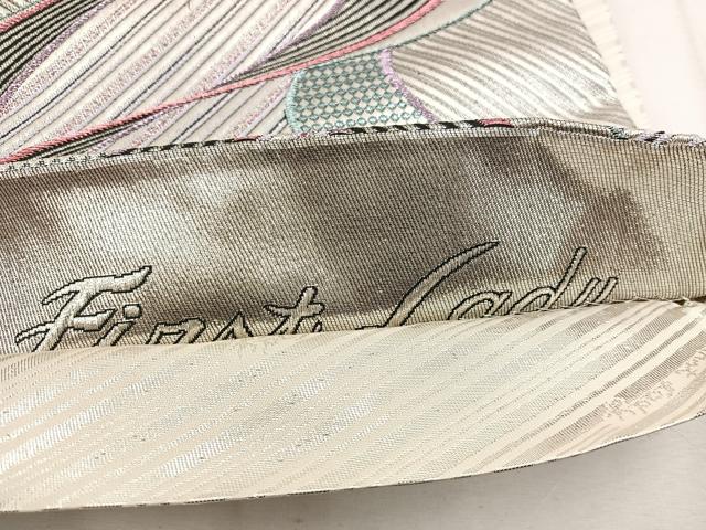 平和屋着物◎六通柄袋帯 幾何学文様 銀糸 正絹 逸品 BAAW1072mz