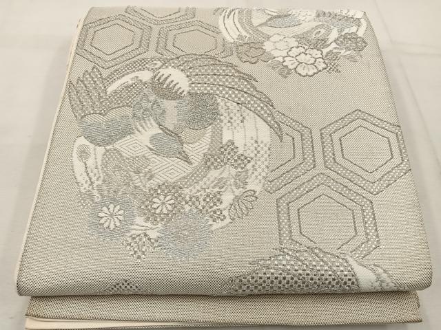 平和屋着物◎六通柄 京袋帯 花蝶丸文 銀糸 正絹 逸品 BAAW1083mz