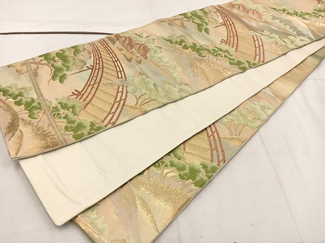 平和屋着物◎六通柄袋帯 唐織 風景文 金糸 正絹 逸品 BAAW1098mz
