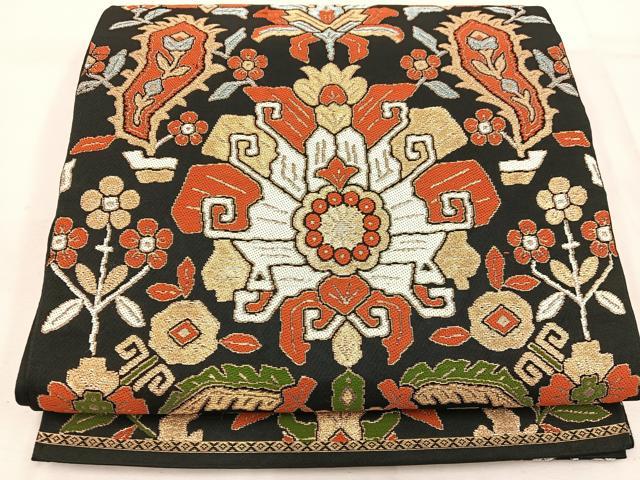 平和屋着物◎六通柄 本袋帯 草花文 黒地 金銀糸 BAAW1110mz