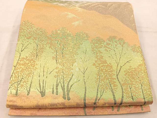 平和屋着物◎六通柄袋帯 遠山樹林文 金糸 正絹 逸品 BAAW1134mz