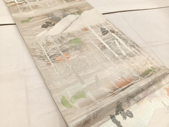 平和屋着物◎六通柄袋帯 遠山文 銀糸 正絹 逸品 BAAW1135mz