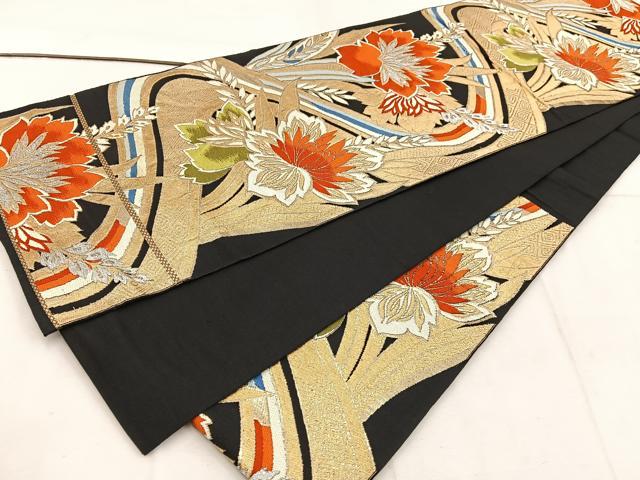 平和屋着物◎六通柄袋帯 草花文 黒地 金銀糸 正絹 逸品 BAAW1140mz