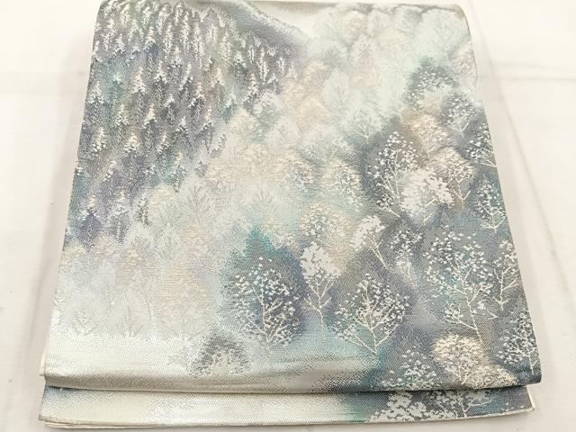 平和屋着物◎六通柄袋帯 遠山樹林文 銀糸 引箔 正絹 逸品 BAAW1143mz