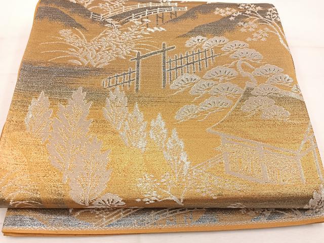 平和屋着物◎六通柄袋帯 風景花文 銀糸 正絹 逸品 BAAW1147mz